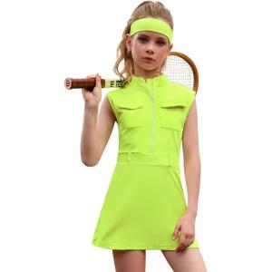 imagePerfashion Girls Tennis Dress Golf Outfit Zipper Athletic Dress with Built in Shorts Workout and Cargo Pockets 413YNeon Green074922