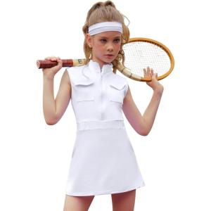 imagePerfashion Girls Tennis Dress Golf Outfit Zipper Athletic Dress with Built in Shorts Workout and Cargo Pockets 413YWhite01922