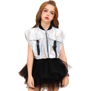 imagePerfashion Girls Vest Cropped Cargo Metallic Jacket Buckle Zip Up With Pockets Streetwear Outfit 413YLaser Silver Vest 01425