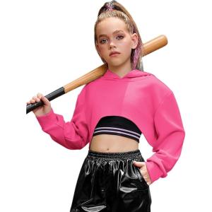 imagePerfashion Girls Long Sleeve Crop Tops Hip Hop Dance Hoodie Trendy Cropped Shirt Sweatshirt 413YHot Pink 86919