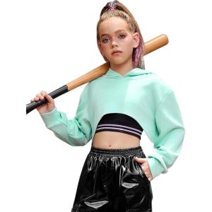 imagePerfashion Girls Long Sleeve Crop Tops Hip Hop Dance Hoodie Trendy Cropped Shirt Sweatshirt 413YMint Green 25919