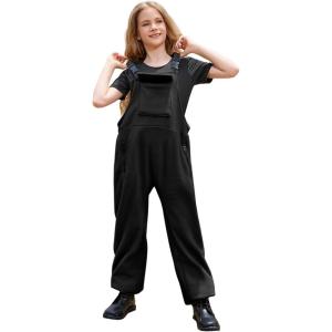 imagePerfashion Girls Fleece Overalls Kids Fuzzy Sherpa Jumpsuit Warm Winter Loose Romper with Pockets 413YBlack 16909