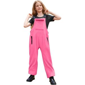 imagePerfashion Girls Fleece Overalls Kids Fuzzy Sherpa Jumpsuit Warm Winter Loose Romper with Pockets 413YHot Pink 6909