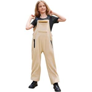 imagePerfashion Girls Fleece Overalls Kids Fuzzy Sherpa Jumpsuit Warm Winter Loose Romper with Pockets 413YKhaki 44909