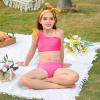 imageGirls Swimsuit Bikini Set Two Piece Bathing Suit Metallic Ruffled One Shoulder Swimwear with Hairband 413YRose Red6005412