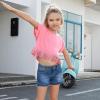 imagePerfashion Girls Fringe Hem Short Sleeve Crop Tops Round Neck T Shirt Solid Tee for 413 YearsBubblegum Pink951
