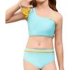 imageGirls Swimsuit Bikini Set Two Piece Bathing Suit Metallic Ruffled One Shoulder Swimwear with Hairband 413YMint Green6066412