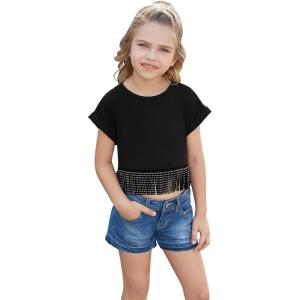 imagePerfashion Girls Fringe Hem Short Sleeve Crop Tops Round Neck T Shirt Solid Tee for 413 YearsBlack951