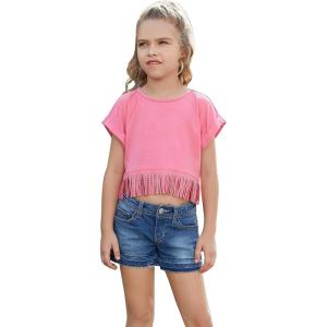 imagePerfashion Girls Fringe Hem Short Sleeve Crop Tops Round Neck T Shirt Solid Tee for 413 YearsBubblegum Pink951