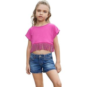 imagePerfashion Girls Fringe Hem Short Sleeve Crop Tops Round Neck T Shirt Solid Tee for 413 YearsRose Purple951