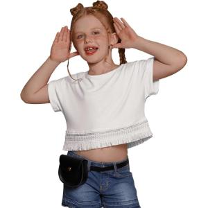 imagePerfashion Girls Fringe Hem Short Sleeve Crop Tops Round Neck T Shirt Solid Tee for 413 YearsWhite852