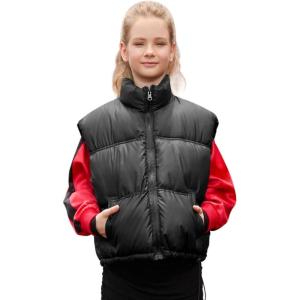 imagePerfashion Girls Puffer Vest Zip Up Lightweight Sleeveless Jacket Puffy Warm Leather Winter Coat 413YBlack