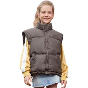 imagePerfashion Girls Puffer Vest Zip Up Lightweight Sleeveless Jacket Puffy Warm Leather Winter Coat 413YCoffee Color
