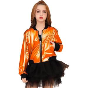 imagePerfashion Metallic Bomber Jacket for Girls Zip Up Cropped Jacket Sparkly Lightweight Coat Windbreaker with PocketsOrange453