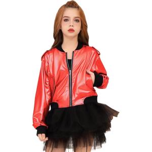 imagePerfashion Metallic Bomber Jacket for Girls Zip Up Cropped Jacket Sparkly Lightweight Coat Windbreaker with PocketsRed453