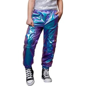imagePerfashion Metallic Cargo Pants for Girls ampamp Womens Hip Hop Dance MultiPocket Joggers High Waist Pants 615YMagic ColorpurpleCyan352
