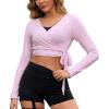 imagePerfashion Women Ballet Wrap Top Pilates Yoga Long Sleeve Workout Tie Tops Y2K Dance Shirt BlousesLight Purple
