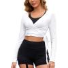 imagePerfashion Women Ballet Wrap Top Pilates Yoga Long Sleeve Workout Tie Tops Y2K Dance Shirt BlousesWhite