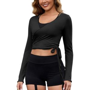 imagePerfashion Women Ballet Wrap Top Pilates Yoga Long Sleeve Workout Tie Tops Y2K Dance Shirt BlousesBlack
