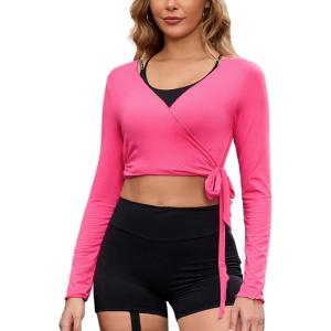 imagePerfashion Women Ballet Wrap Top Pilates Yoga Long Sleeve Workout Tie Tops Y2K Dance Shirt BlousesHot Pink
