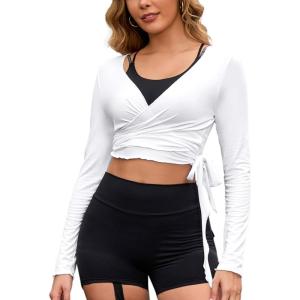 imagePerfashion Women Ballet Wrap Top Pilates Yoga Long Sleeve Workout Tie Tops Y2K Dance Shirt BlousesWhite