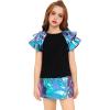 image:imagePerfashion Girls Shirts Metallic Ruffle Sleeve Tops Crewneck Summer Tees Hip Hop Dance Party 413YLaser Blue Sleeve Tops 13309