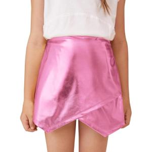 image:imagePerfashion Girls Metallic Skort High Waisted Stretchy Metallic Wrap Skirt Shorts Trendy Asymmetrical Skort 413YPink12421