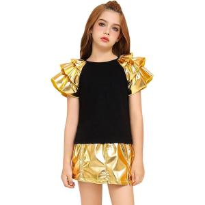 image:imagePerfashion Girls Shirts Metallic Ruffle Sleeve Tops Crewneck Summer Tees Hip Hop Dance Party 413YGold Sleeve Tops 03309