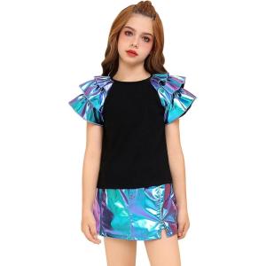image:imagePerfashion Girls Shirts Metallic Ruffle Sleeve Tops Crewneck Summer Tees Hip Hop Dance Party 413YLaser Blue Sleeve Tops 13309