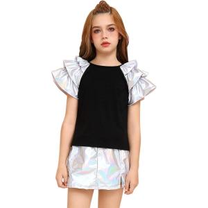 image:imagePerfashion Girls Shirts Metallic Ruffle Sleeve Tops Crewneck Summer Tees Hip Hop Dance Party 413YLaser Silver Sleeve Tops 01309