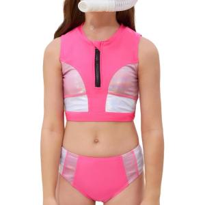 image:imagePerfashion Girls Swimsuit Two Piece Color Block Tankini Zipper Bathing Suits High Waisted Sporty TeensRose Red6005413