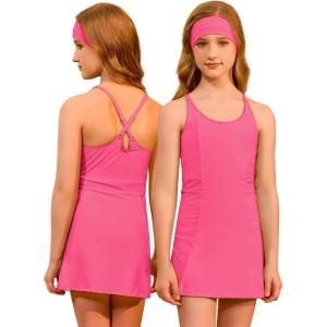 image:imagePerfashion Girls Tennis Dress Athletic Golf Outfit Spaghetti Strap Builtin Bra amp Shorts Pickleball Summer 413YHot Pink 17406