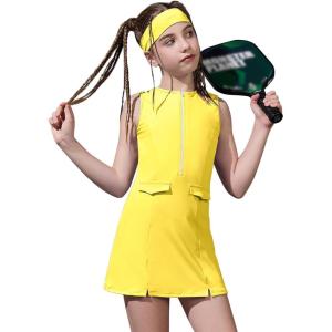 image:imagePerfashion Girls Tennis Dress Zipper Golf Athletic Outfit DropWaist Pickleball Builtin Bra amp Shorts 413YYellow 27407
