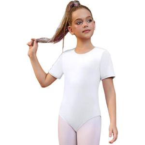 image:imagePerfashion Girls Leotard Short Sleeve T Shirt Bodysuit Ballet Dance Leotards Solid Tops with Snap Button 413YWhite 40926