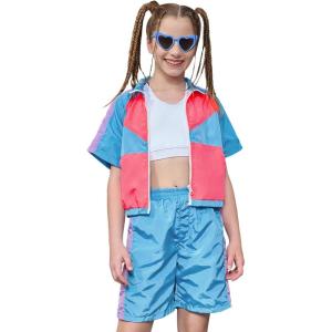 image:imagePerfashion Girls Summer 2 Piece Outfits 80s 90s Tracksuit Windbreaker amp Short Sets Hip Hop Dance 413YNeon Blue