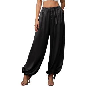 image:imagePerfashion Women Satin Pants Balloon Silk Dressy Harem Trousers Flowy Oversized Baggy Joggers Going Out LoungeBlack