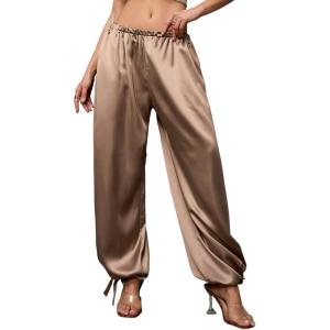 image:imagePerfashion Women Satin Pants Balloon Silk Dressy Harem Trousers Flowy Oversized Baggy Joggers Going Out LoungeBrown