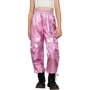 image:imagePerfashion Metallic Cargo Pants for Girls amp Womens Hip Hop Dance MultiPocket Joggers High Waist Pants 615YPink352