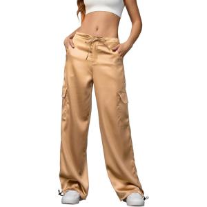 image:imagePerfashion Women Satin Pants Silk Wide Leg Trousers Cargo Joggers Drawstring Going Out Concert OutfitsChampagne 21929