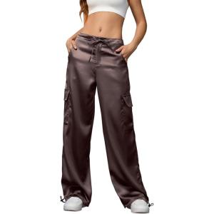 image:imagePerfashion Women Satin Pants Silk Wide Leg Trousers Cargo Joggers Drawstring Going Out Concert OutfitsCoffee 40929