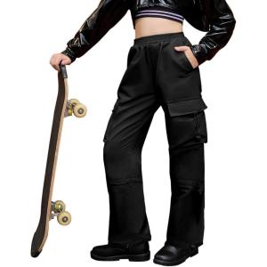 image:imagePerfashion Cargo Pants for Girls Hip Hop Dance Metallic Y2K Neon Drawstring Parachute Wide Leg Jogger 413YCargo Black 48921