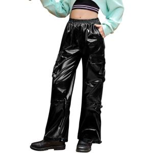 image:imagePerfashion Cargo Pants for Girls Hip Hop Dance Metallic Y2K Neon Drawstring Parachute Wide Leg Jogger 413YMetallic Black 13919