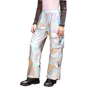 image:imagePerfashion Cargo Pants for Girls Hip Hop Dance Metallic Y2K Neon Drawstring Parachute Wide Leg Jogger 413YMetallic Laser Silver01919