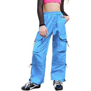 image:imagePerfashion Cargo Pants for Girls Hip Hop Dance Metallic Y2K Neon Drawstring Parachute Wide Leg Jogger 413YNeon Blue 15921