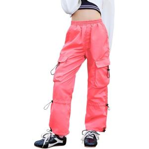image:imagePerfashion Cargo Pants for Girls Hip Hop Dance Metallic Y2K Neon Drawstring Parachute Wide Leg Jogger 413YNeon Pink 18921