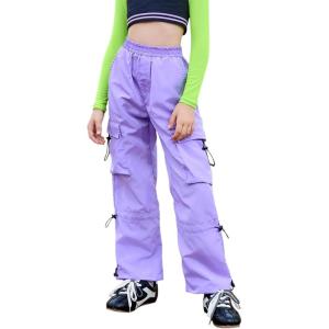 image:imagePerfashion Cargo Pants for Girls Hip Hop Dance Metallic Y2K Neon Drawstring Parachute Wide Leg Jogger 413YNeon Purple 12921