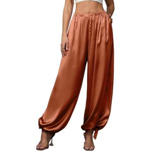 image:imagePerfashion Women Satin Pants Balloon Silk Dressy Harem Trousers Flowy Oversized Baggy Joggers Going Out LoungeCaramel