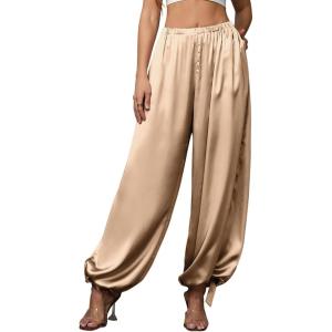 image:imagePerfashion Women Satin Pants Balloon Silk Dressy Harem Trousers Flowy Oversized Baggy Joggers Going Out LoungeLight Champagne