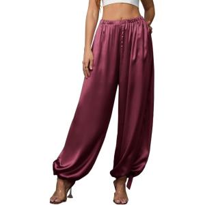 image:imagePerfashion Women Satin Pants Balloon Silk Dressy Harem Trousers Flowy Oversized Baggy Joggers Going Out LoungeWine Red