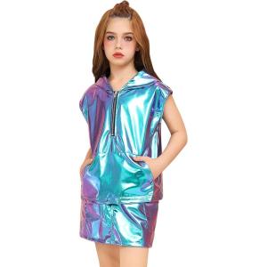 image:imagePerfashion Girls Vest Metallic Half Zip Hoodie Sleeveless Leather Disco Jackets with Kangaroo Pocket 413YLaser Blue Vest 13311